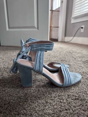 Light Blue Suede Block Heel Sandals - Women
